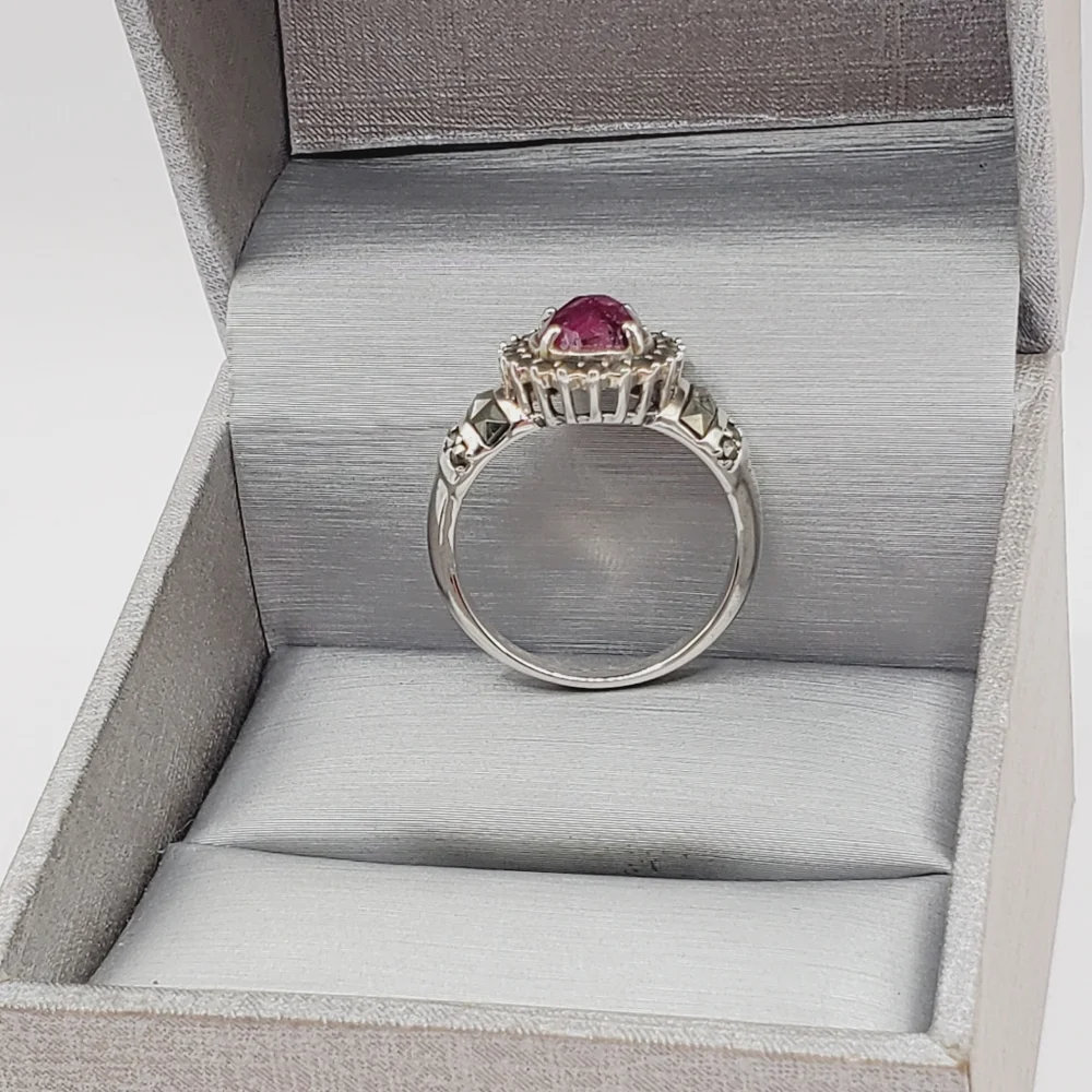 Genuine Checkerboard Cut Oval Ruby & Marcasite 925 Sterling Silver Halo …